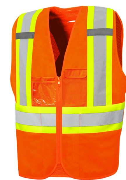 High Visibility Traffic Vest w/ Zipper, 4" Refl. Tape, 8 Pockets