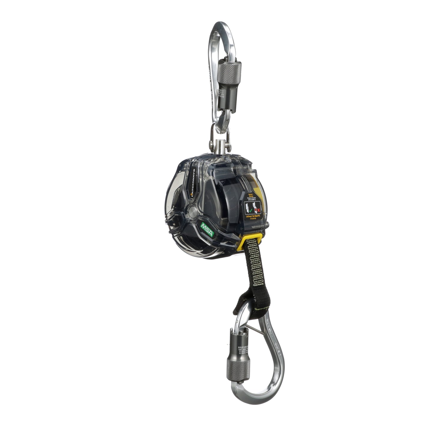 Latchways Arc Flash Personal Fall Limiter, 6.5' (2m), single-leg, aluminum triple-lock carabiner, Clear